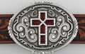 oval western pewter belt buckle with red "stained glass" cross in center