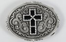 oval western pewter belt buckle with black "stained glass" cross in center