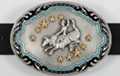 big oval enameled pewter western belt buckle with rodeo bull rider brass stars