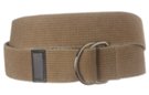 faded tan stone wash cotton canvas belt with nickel polish D-rings and leather tip