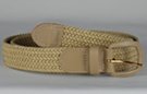 braided woven elastic stretch belt, beige with beige leather tabs and buckle