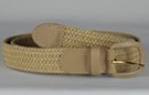 braided knitted elastic stretch belt, beige with beige leather tabs and buckle
