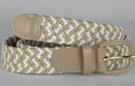 braided knitted stretch belt, braided from beige and white chords, 2-to-1 beige to white, beige leather tabs and buckle