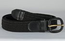 braided woven elastic stretch belt, black with black leather tabs and buckle