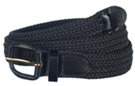 braided woven elastic stretch belt, black with black leather tabs and buckle