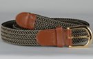 braided knitted stretch belt, each chord in braid knitted from black and beige thread, tan leather tabs and brass buckle