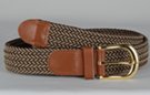 braided knitted stretch belt, each chord in braid knitted from brown and beige thread, tan leather tabs and brass buckle