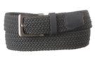 dark gray stretch belt with silver buckle and genuine leather tabbing