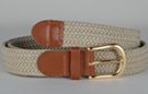 braided woven elastic stretch belt, ivory with tan leather tabs and brass buckle