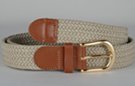 braided knitted stretch belt, khaki with tan tabs and brass buckle