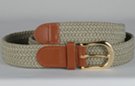 braided woven elastic stretch belt, khaki with tan leather tabs and brass buckle