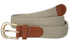 braided knitted stretch belt, light khaki with tan tabs and brass buckle