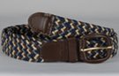 braided knitted stretch belt, braided from grey, navy, brown and beige chords, brown leather tabs and buckle