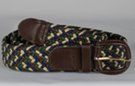 braided knitted stretch belt, braided from green, navy, brown and beige chords, brown leather tabs and buckle