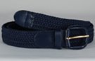 braided woven elastic stretch belt, navy blue with navy blue leather tabs and buckle