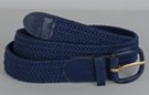 braided knitted elastic stretch belt, navy blue with navy blue leather tabs and buckle