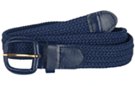 braided knitted elastic stretch belt, navy blue with navy blue leather tabs and buckle