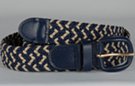 braided knitted stretch belt, braided from navy blue and beige chords, 2-to-1 navy blue to beige, navy blue leather tabs and buckle
