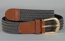 braided knitted stretch belt, each chord in braid knitted from navy blue and beige thread tan leather tabs and brass buckle