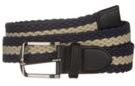 navy blue and ecru striped braided stretch belt with brushed nickel buckle