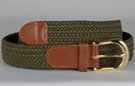 braided woven elastic stretch belt, olive with tan leather tabs and brass buckle