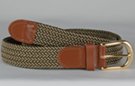braided knitted stretch belt, each chord in braid knitted from olive and beige thread, tan leather tabs and brass buckle