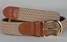 braided woven elastic stretch belt, sand with tan leather tabs and brass buckle