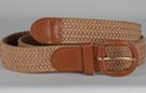 braided woven elastic stretch belt, tan with tan leather tabs and buckle