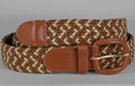 braided knitted stretch belt, braided from tan and beige chords, 2-to-1 tan to beige