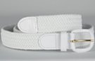 braided woven elastic stretch belt, white with white leather tabs and buckle