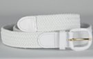 braided knitted elastic stretch belt, white with white leather tabs and buckle