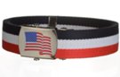 USA flag buckle on red white blue web belt