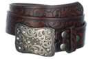 brown leather belt with rhinestone western buckle
