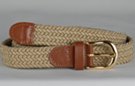 narrow braided woven elastic stretch belt, beige with brass buckle and leather tabs