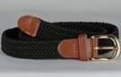 narrow braided woven elastic stretch belt, black with brass buckle and leather tabs