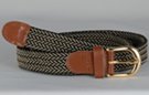 narrow braided knitted stretch belt, each chord in braid knitted from black and beige thread, tan leather tabs and brass buckle