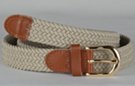 narrow braided knitted elastic stretch belt, ivory with brass buckle and leather tabs