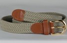 narrow braided knitted elastic stretch belt, khaki with brass buckle and leather tabs