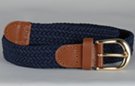 narrow braided knitted elastic belt, navy blue with gold buckle and tan tabs