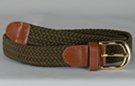 narrow braided knitted elastic stretch belt, olive with brass buckle and leather tabs