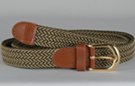 narrow braided knitted stretch belt, each chord in braid knitted from olive and beige thread, tan leather tabs and brass buckle