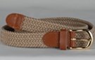 narrow braided knitted elastic stretch belt, sand with brass buckle and leather tabs