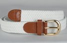 narrow braided woven elastic stretch belt, white with brass buckle and leather tabs
