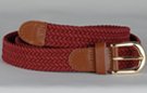 narrow braided woven elastic stretch belt, wine with brass buckle and leather tabs