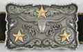 belt buckle with texas longhorn surrounded by three gold stars and leaf work