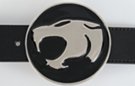 belt buckle, chrome lioness head and border on black enamel