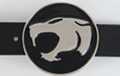 belt buckle, chrome lioness head and border on black enamel