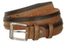 tan and brown tri-skin embossed leather dress belt with nickel polish buckle