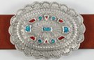 exploded turquoise and coral inlay concho western belt buckle