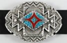 oval western belt buckle, turquoise and coral inlay diamond design